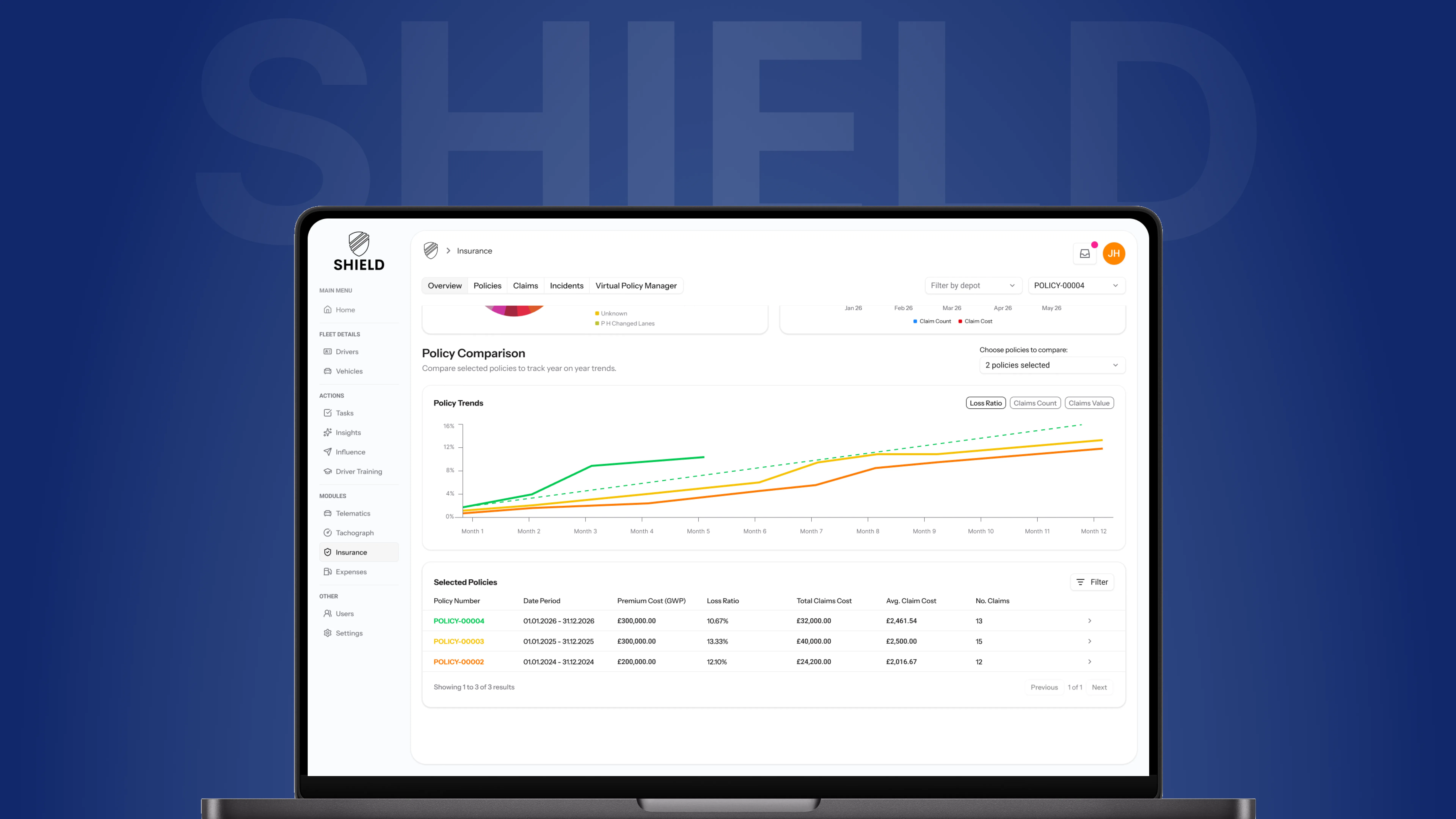 UI mockup for insurance management features, built into SHIELD for fleet transport operators.