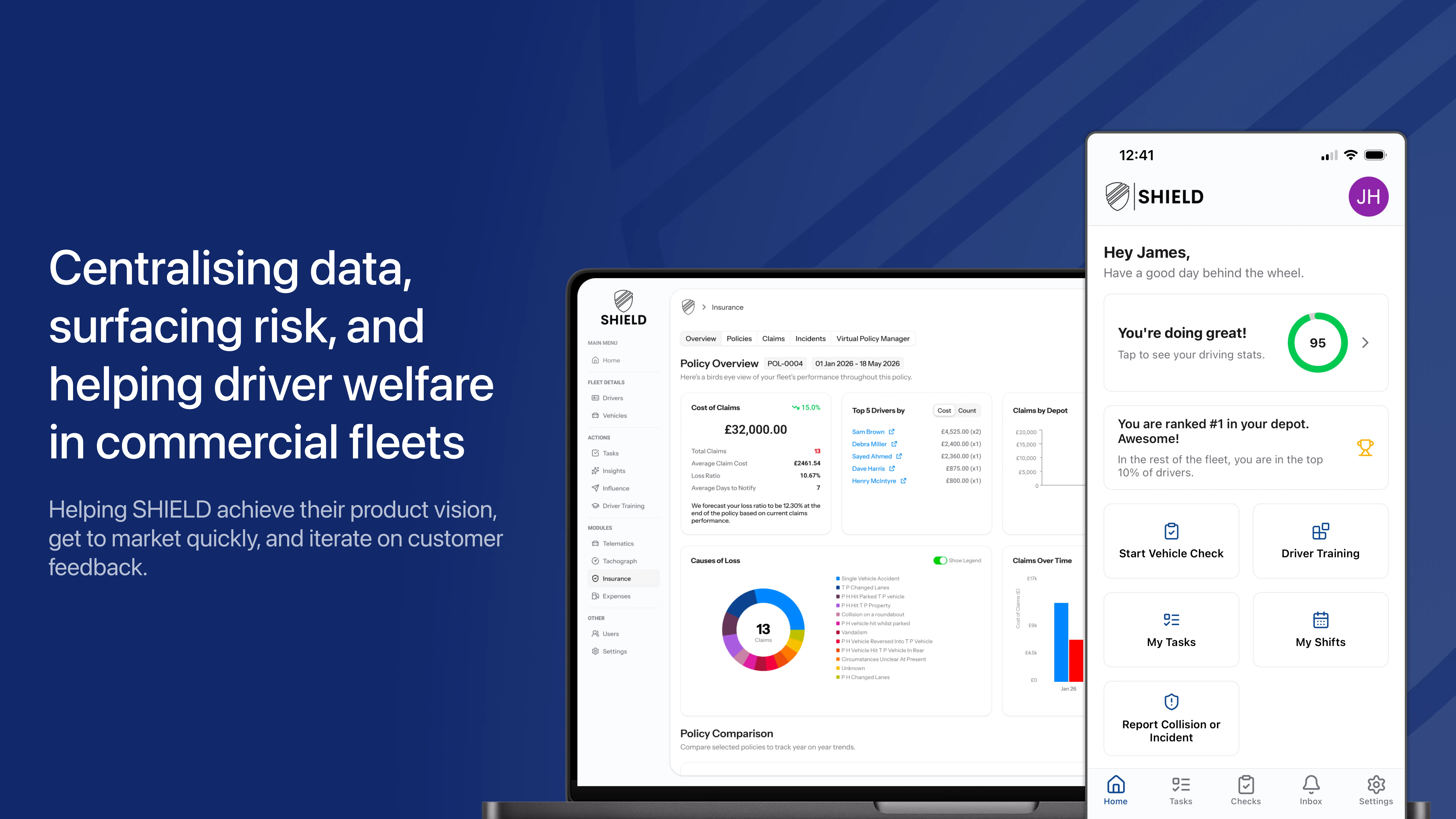 Centralising data, surfacing risk, and helping driver welfare in commercial fleets. Helping SHIELD achieve their product vision, get to market quickly, and iterate on customer feedback. Images of the web portal and mobile app that Novatura designed and developed for SHIELD.