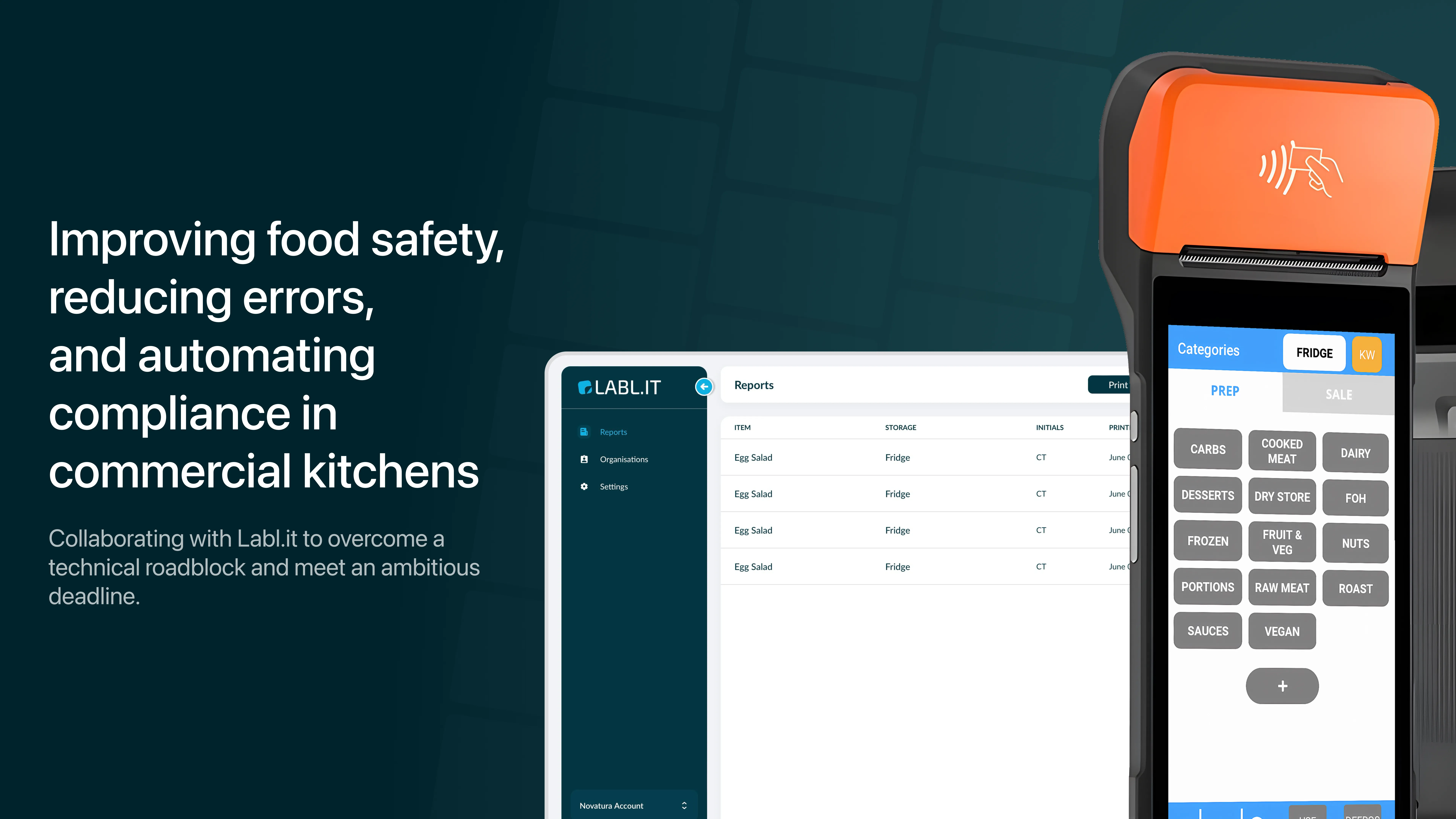 Improving food safety, reducing errors, and automating compliance in commercial kitchens. Collaborating with Labl.it to overcome a technical roadblock and meet an ambitious deadline. Image of backoffice web portal and label printing app that Novatura developed for Labl.it.