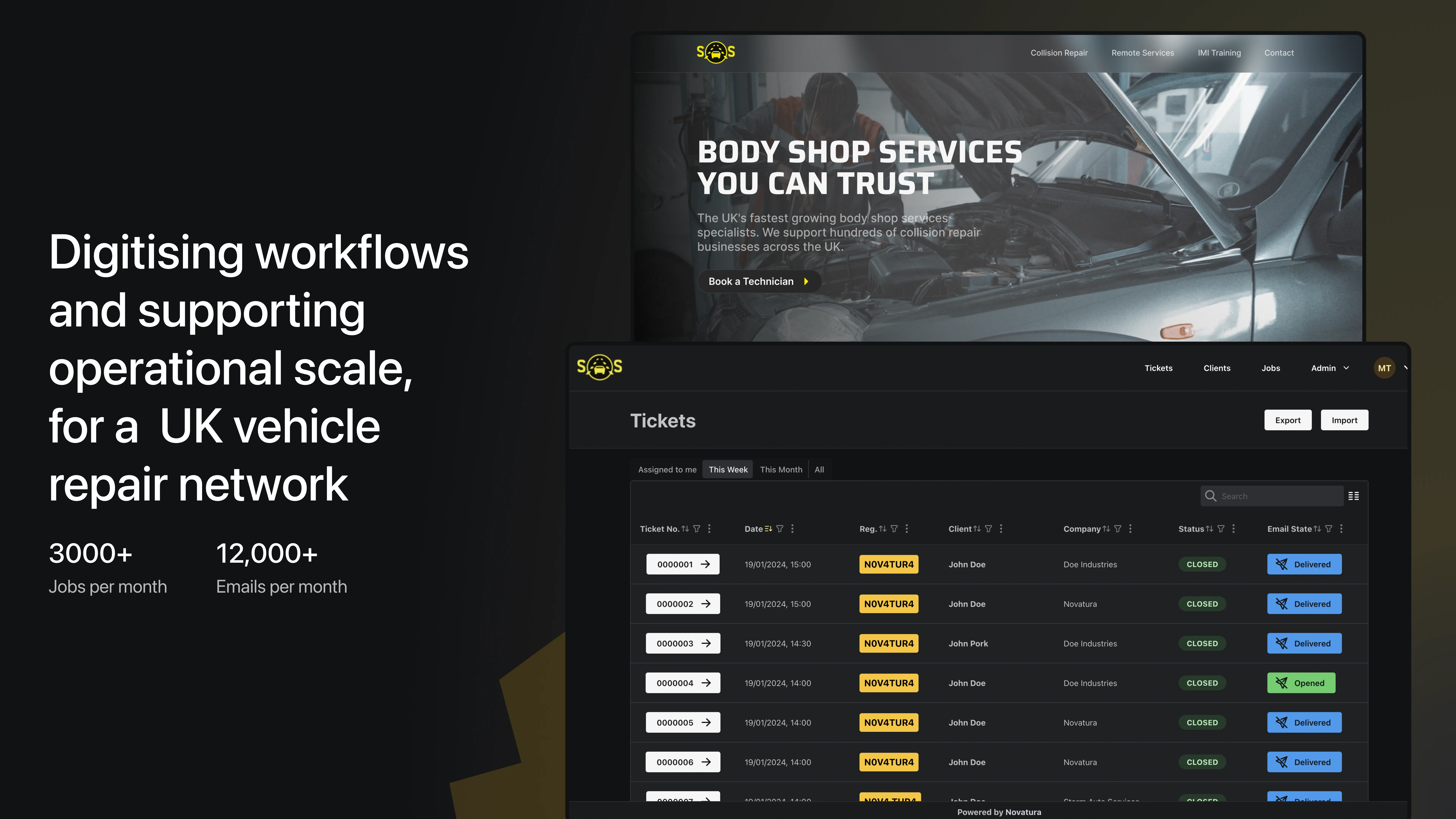 Digitising workflows and supporting operational scale, for a UK vehicle repair network. 3000+ jobs processed per month, 12000+ emails sent per month. Images of the web portal and website that Novatura designed and developed for Storm Auto Services.