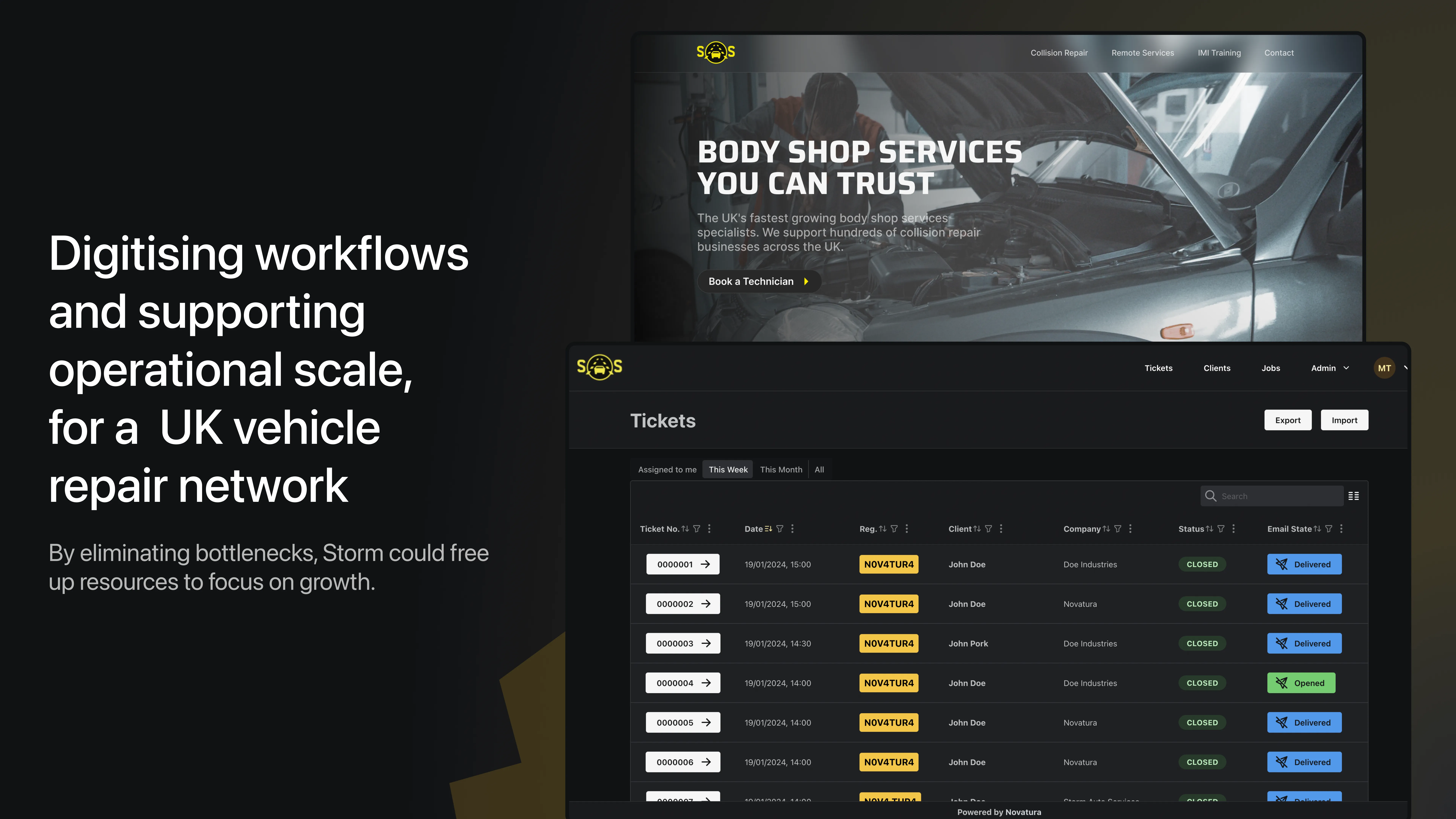 Digitising workflows and supporting operational scale, for a UK vehicle repair network. By eliminating bottlenecks, Storm could free up resources to focus on growth. Images of the web portal and website that Novatura designed and developed for Storm Auto Services.